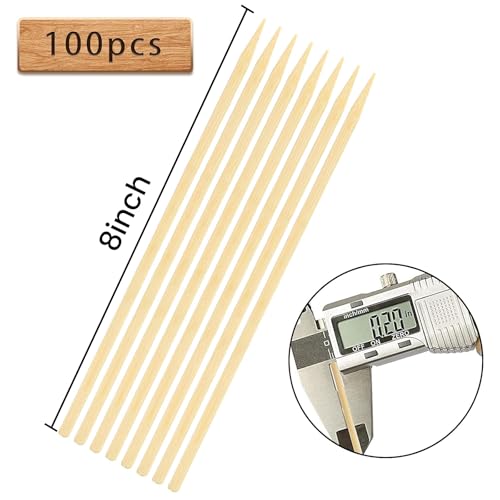 HANSGO 8Inch Natural Bamboo Skewers, with 5PCS Food Prep Gloves, 100PCS Wooden Skewers for Appetizers, Fruit, Kabobs, Grilling Kebabs, Corns, Cocktail Picks for Drinks, Sturdy & Durable