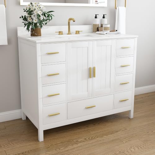 INTERHOMART 42" Bathroom Vanity with Sink & Countertop Modern Single Sink Vanity with 9 Drawers & 2 Soft-Close Doors Freestanding Bathroom Storage Cabinet with 4" Backsplash & 3 Faucet Holes,White - 2