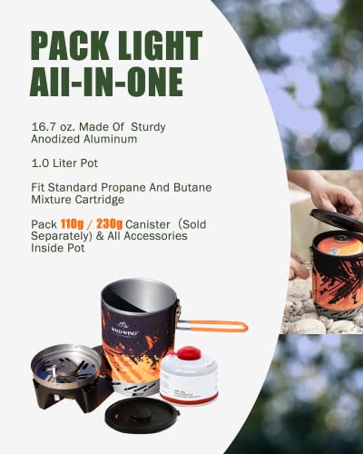 Portable Backpacking Stove Wild-Wind X0 Lightweight Camping Stove Cooking System 1 Liter Pot, One-Piece Design Camp Stove Propane For Hiking, Fishing, Hunting Emergency & Survival (Black/Orange) #TOP1