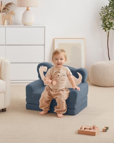 Image of Blissful Diary Kids Couch, 2-in-1 Soft Fold Out Kids Couch, Kids Sofa Chair, Comfy Kids Furniture for Playroom, Reading & Play, Blue Dinosaur | 50.8 inch Fold-Out Play Area, Supportive Foam, Washable Cover, Carry Handle, Pre-Assembled, Kid-Safe Zipper