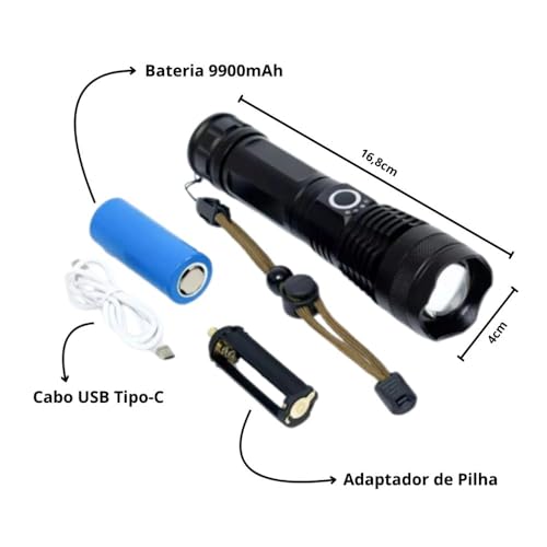 Lanterna Tática Militar T9 Led Recarregável P50 USB Super Potente e Forte Zoom Longo Alcance para Tr