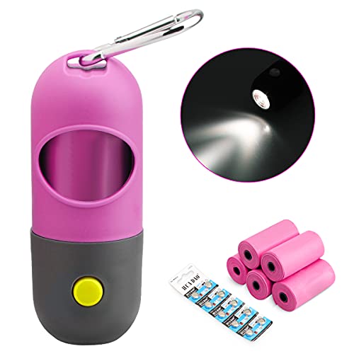 Dispensador de bolsas para caca de perro Soporte para bolsa de caca con luz de flash LED para caminar para caminar de noche al aire libre 75 bolsas de pañales biodegradables y 10 pilas de botón Rosa