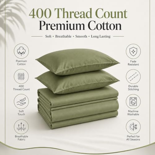 Image of LINENWALAS 100% Cotton Bedsheet with Pillow Cover for Single Size Bed, Natural Soft 400tc Long Staple Imported Egyptian Cotton Premium Oeko-Tex Certified Bed Sheet (60 inch x 90 inch, Moss Green)