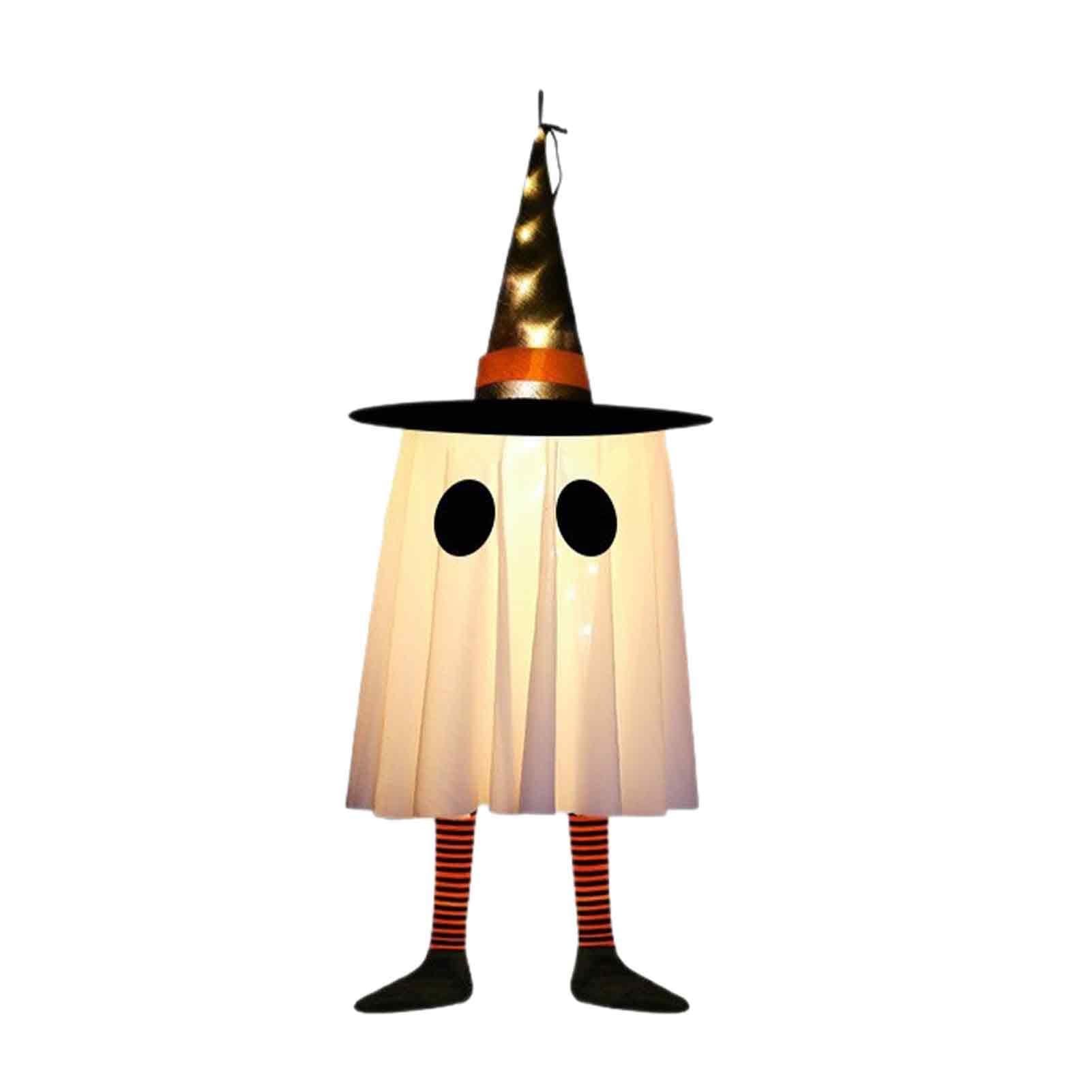 Tuxoiou Halloween Hanging Ghost Decoration, LED Lighted Spooky Ghost with Witch Hat & Legs, Indoor Outdoor Porch Tree Decor Orange