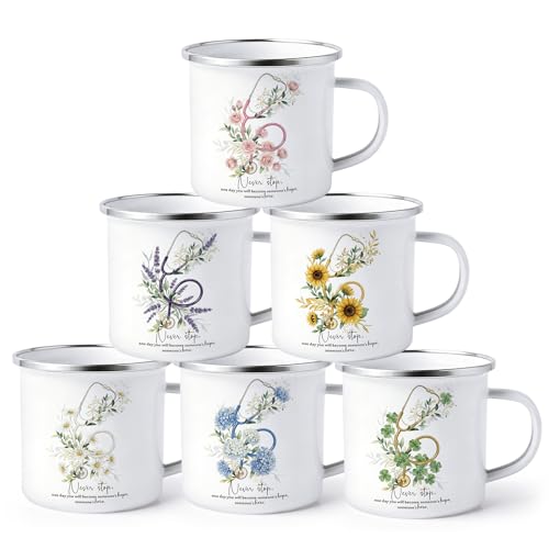 Hushee Cna Week Appreciation Gifts Bulk Nurse Graduation 12oz Coffee Mugs with Handle Motivational Cup Enamel Tumbler Nurse Practitioner Week Gift for Nursing Care Favor(6 Pcs,Elegant Color,Flower)