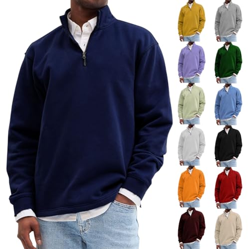 1/4 Zip Sweatshirt Mens, Loose Fit Casual Pullover Half Zip Sweatshirts Stand Collar Long Sleeve Sweatshirt Plain Soft Work Jumper Tops Solid Color Lightweight Casual Sweatshirts Sweatshirt Navy