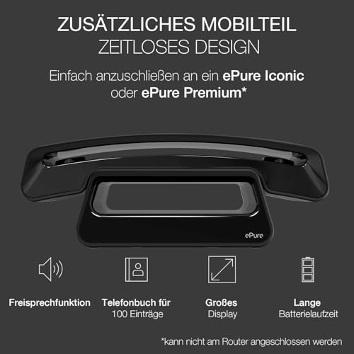 Alcatel ePure - Zusätzliches Mobilteil für die schnurlosen DECT-Basistelefone ePure Premium und ePure Iconic - Einfache Installation - Funktioniert nicht allein am Router - Schwarz