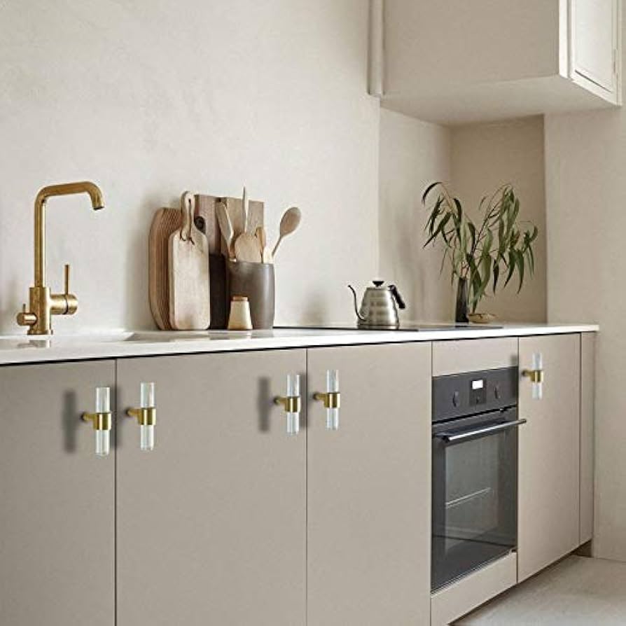 Orobor Acrylic Drawer Knobs Gold, 4pcs Single Hole T Bar Pull Brushed Brass Drawer Knobs Clear