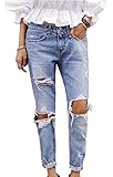 Women Vintage Sexy Cut Out Destroyed Holes Knee Ripped Jeans Denim Blue Trousers (L)