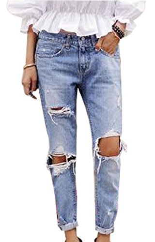 Women Vintage Sexy Cut Out Destroyed Holes Knee Ripped Jeans Denim Blue Trousers (L)