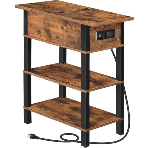 HOOBRO End Table with Charging Station Flip Top Side Table with USB Ports Narrow Nightstand Bedside Tables with Storage Shelves for Small Space Living Room Rustic Brown and Black BF141UBZ01