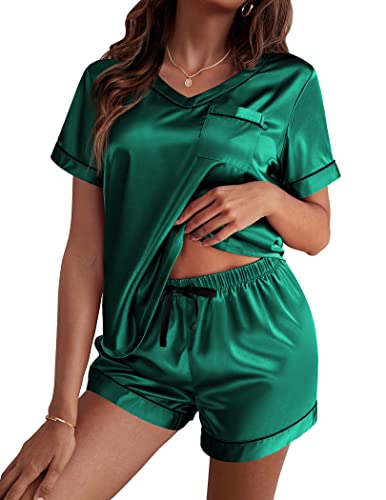 Image of Ekouaer Silk Pajama for Women Short Sleeve Satin Pj Set Two Piece Soft Sleepwear Loungewear S-XXL