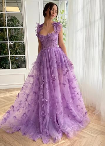 PEIYJYUSP 3D Butterfly Tulle Prom Dresses for Women 2025 Lace Applique Princess Prom Dress Long Ball Gown with Slit4