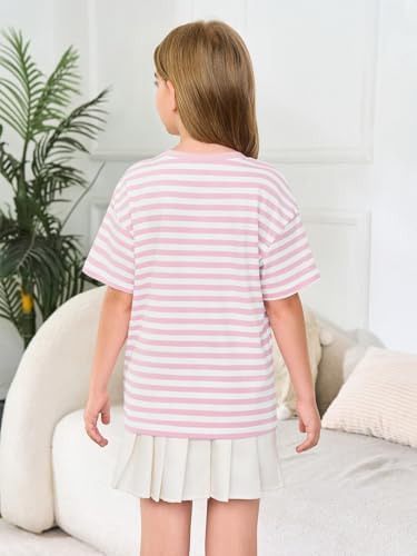 Image of Haloumoning Girls Striped Short Sleeve T Shirts Kids Summer Oversized Tops Casual Crewneck Tees 5-14 Years