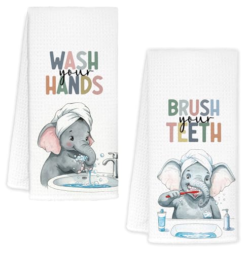 KRHFG Elephant Bathroom Hand Towels, Elephant Bathroom Decor, Elephants Lover Gifts Decorative Hand Towels for Kids Bathrooms, Funny Animal Elephants Kitchen Towels, 16x24 Inch Set of 2