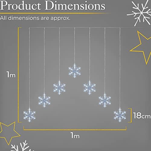 CHRISTOW Christmas Snowflake Curtain Lights, Light Up White LED Window Decoration, 7 Hanging Snowflakes, Indoor and Outdoor, Mains Powered, W1m x H1m