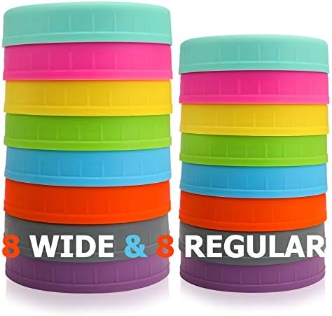 Aozita [16 Pack] Colored Plastic Mason Jar Lids Fits Ball, Kerr & More - 8 Wide Mouth & 8 Regular Mouth - Storage Caps for Canning Jars