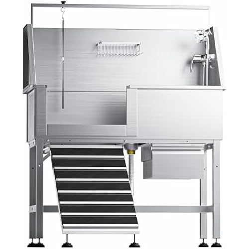 46" Dog Washing Station, Leak-Proof 304 Stainless Steel Dog Bathtub with Non-Slip Removable Left Ramp & Storage Drawer, Elevated Pet Wash Station for Large Dogs, Garage & Outdoor Use (Left Ramp)
