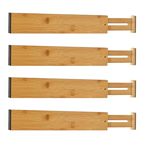 Schubladen Ordnungssystem aus natürlichem Bambus Schubladentrenner Verstellbar (43-56 cm) Küche Organizer gefedert Trennsystem Schubladenteiler für Badezimmer, Schlafzimmer, Kommode und Büro, 4er-Set