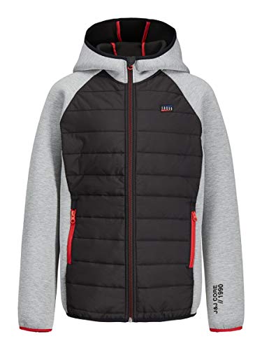 JACK & JONES Boys Puffer Quilted Jacket – Lightweight Hooded Coat for Juniors – Warm Fleece Lining, Full Zip Closure & Side Pockets – Winter & Outdoor Wear – Black/Light Grey, UK Size - 8 Years