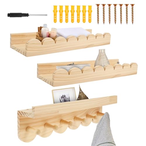 Floating Nursery Book Shelves for Wall, 3 Pack Scalloped Wall Book Shelf, Strong Load Bearing Wood Storage Shelf, Wooden Baby Book Shelves for Nursery Living Room Toddler Room (Burlywood)