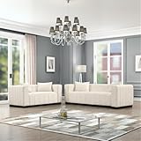 Pemberly Row 2-Piece Living Room Furniture Set, Beige Velvet Upholstery, Sofa and Loveseat, Foam Padding with Spring Coils, Solid Wood Legs, Modern Square Arms, 90' Sofa and 66' Loveseat for Living