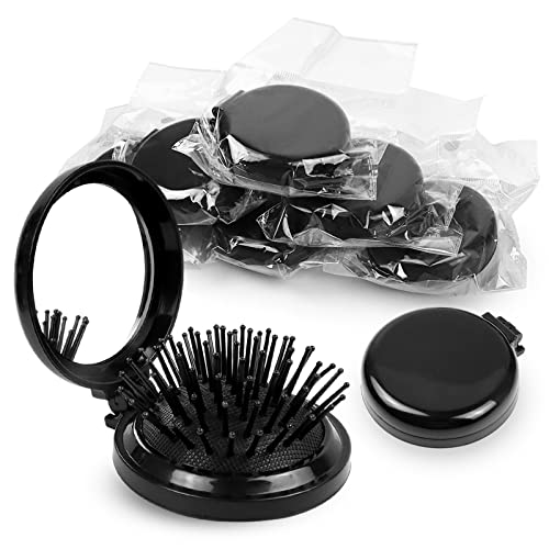 10 Pack Folding Travel Mini Hair Brush with Mirror, Round Hair Brushes Folding Pocket Hair Brush Mini Hair Comb for Women and Girls (Black)