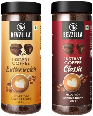 Bevzilla 200g Classic & 200g Butterscotch Flavoured Instant Coffee Powder | Perfact For Espresso, Latte & Cappuccino | Hot & Cold Brews