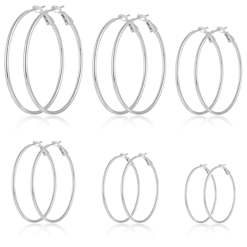 YUZHEDM 6 Pares Pendientes Aro Mujer, Pendientes Mujer Plata, Aretes Grandes Pequeños Finos Ligeros Moda Redondos Bisuteria 20/30/40/50/60/70 mm (Plata)