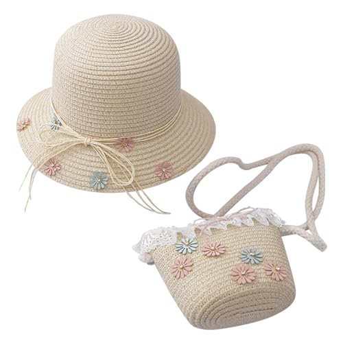 Flower Straw Hat and Bag for Children, Girls Straw Hat Summer Beach Cap Foldable Straw Sun Hat Straw Mini Bag Breathable Sun Cap for Kids Holiday Vacation (-, Beige)