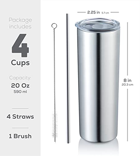 Insulated Skinny Stainless Steel Tumbler Set - 4-Pack 20Oz Coffee Tumbler With Straw - Travel Coffee Mug With Pba Free Lids - Slim Vacuum Insulated Tumblers Keep Hot And Cold - Great For Home, Office. #TOP6