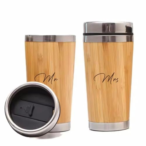 Image of Giftana Mr and Mrs Coffee Tumbler Set of 2, Stainless Steel Bamboo Finish Travel Mugs 450ml for Couples, Wedding & Engagement Gifts, Bride and Groom Gift Set, Reusable Coffee Cups, Beige