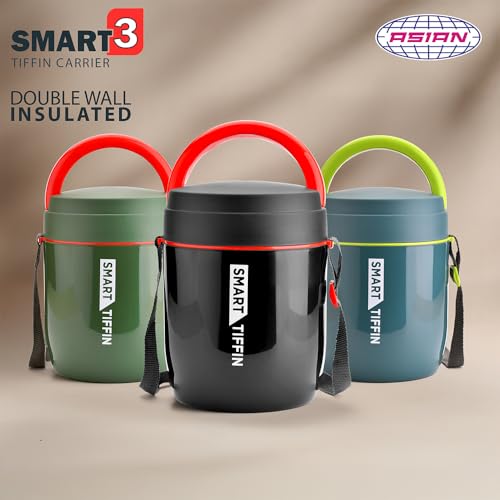Image of Asian Plastowares - Tiffin Carrier 3 | Insulated Lunch Box | Compact | 3 Containers | Lunch Box for Adult | Leak-Proof | Ideal for Office or School | Dark Green
