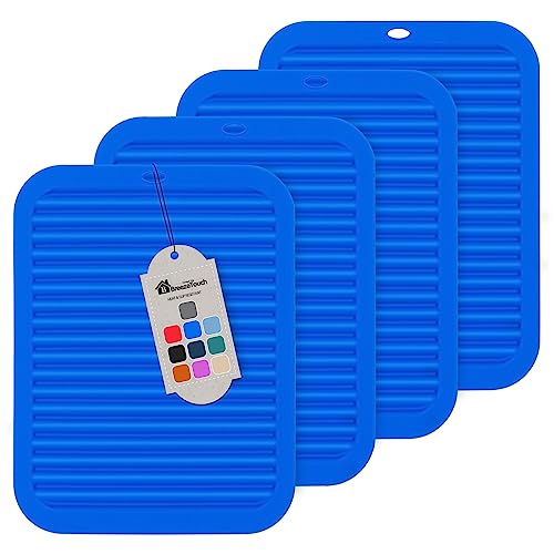 Breeze Touch Silicone Trivet Mats for Hot Dishes, 4 Pack Pot Holders for Kitchen Trivets for Hot Pots and Pans, Heat Resistant Non-Slip Hot Pads for Jar Opener Spoon Holder Counter, 9"x12" Blue