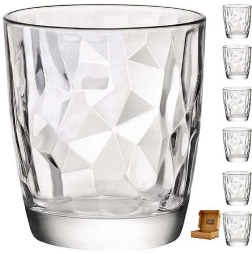6 Vasos Diamond - Envio 24h - Perfecto para uso en Casa, Restaurante y en Fiesta, Ligeros y Resistentes con acabado de diamantes (Transparente, 39 cl)