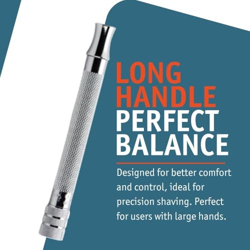 Image of MERKUR 23C Double Edge Safety Razor - Polished Chrome, Long Knurled Brass Handle, Made in Germany, Plastic-Free, Three Piece Design, Closed Comb, Straight Bar (Bright Chrome)