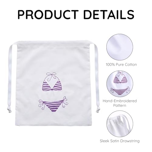 Image of Lingerie Drawstring Bags Set of 3, 15x15 inch, 100% Pure Cotton, Cute Embroidery Pouch for Underwear, Swimwear, Delicates & Travel Storage, Washable Beach Bags for Women (White)