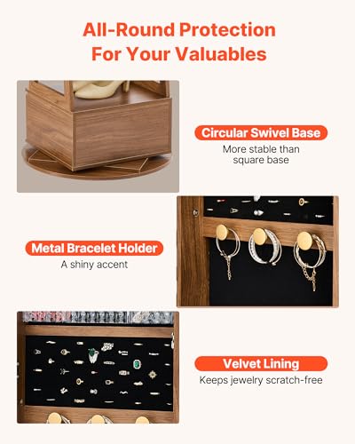 VEVOR 360° Swivel Jewelry Cabinet, 65.1-inch Tall, Full-Length Mirror with Storage, Standing Rotatable Jewelry Armoire Organizer, Lockable with 2 Keys, Accessory Pouches, Storage Shelves and Drawer - Thumbnail 4