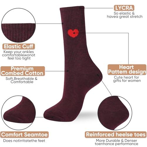 Image of Corlap Women's Cotton Crew Calf Socks - 5 Pairs Ankle High Dress Casual Socks, Fun Cute Heart Gifts for Mom Mother
