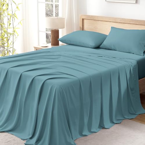Image of Andency Grayish Teal Queen Sheets Set 100% Viscose Derived from Bamboo | Cooling Summer Sheets, Deep Pocket Up to 16 inch, Silky Soft Hotel Luxury Breathable Bedding Sheets & Pillowcases