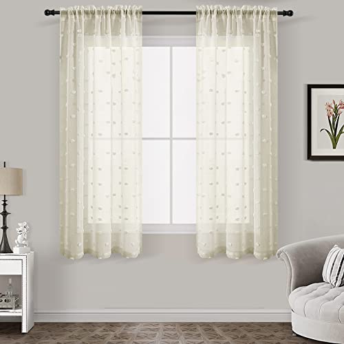 Guken Short Boho Curtains 54 Inch Length For Bathroom 2 Panels Cafe Tier Camper Curtains For Small Windows Boho Polka Dot Textured Curtains Light Filtering Rod Pocket Light Beige Tan 52X54 Inches Long #TOP9