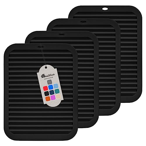 Breeze Touch Silicone Trivet Mats for Hot Dishes, 4 Pack Pot Holders for Kitchen Trivets for Hot Pots and Pans, Heat Resistant Non-Slip Hot Pads for Jar Opener Spoon Holder Counter, 9\"x12\" Black