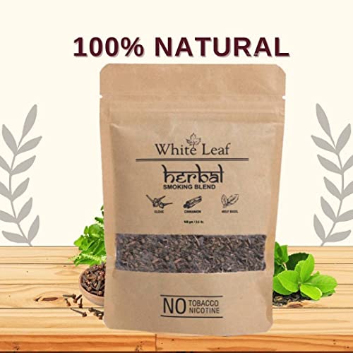 White Leaf Tobacco & Nicotine Free Smoking Mixture With 100% Natural Herbal Smoking Blend 1 Pack (3.5 Oz/ 100G) With Wooden Pipe #TOP3