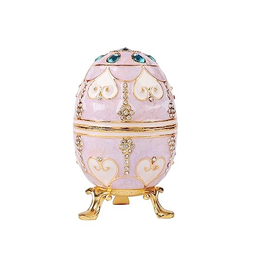 QIFU Hand Painted Pink Easter Egg Style Enamel Trinket Box Hinged, Unique Gift for Family