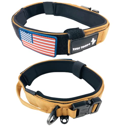 ZeusTacK9 Tactical Dog Collar K9 Pet Dogs - 1.5 Inch Wide Heavy Duty Military Style Dog Collars Metal Buckle Quick Release USA Flag Patch - Control Handle for Handling Training (MED, TAN)