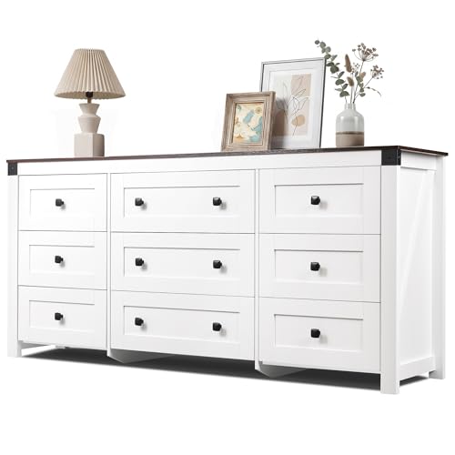 GALAXHERO 9-Drawer 62.2"W Farmhouse TV Stand for TVs up to 70 Inches, White
