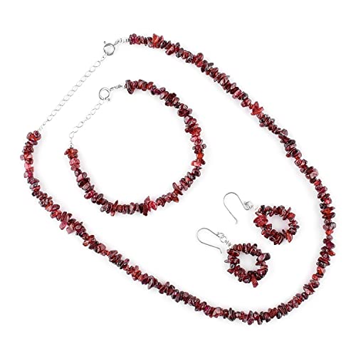 Qnavic Natural Raw Garnet Gemstone Crystal Chips Nuggets Beads Handmade Jewelry Set For Women, Healing Chakra Crystal, Birthstone Rhodium Plating 925 Sterling Silver (Pack Of 3) #TOP1