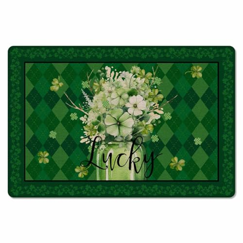 St. Patrick's Day Kitchen Bath Door Mat Cushioned Runner Rug,Washable Welcome Floor Sink Antifatigue Mat,Waterproof & Non-Slip Comfort Standing Doormat,Flower Leaves Vase Green Buffao Lattice 18