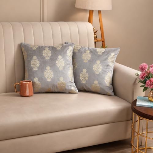 Image of DEVSANG Foil Velvet Cushion Covers 16 inch x 16 inch Set of 2 pc, Silver Grey