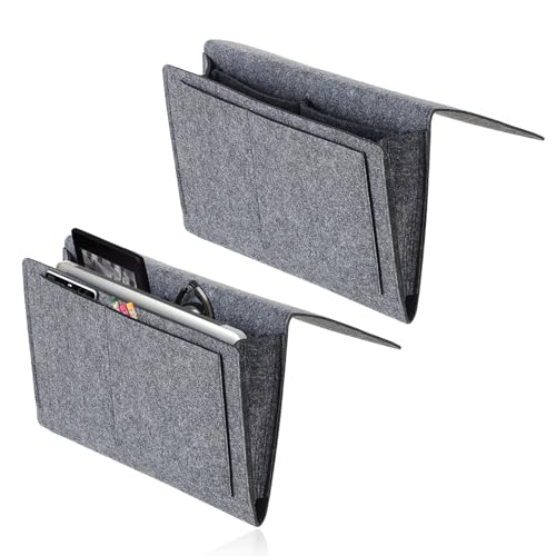 DYHNQE 2 Stück Bett Organizer zum Einhängen, 32×20 cm Filz Betttasche Anti-Rutsch Betttasche zum Einhängen 5 Fächer Bett Organizer für Buch...